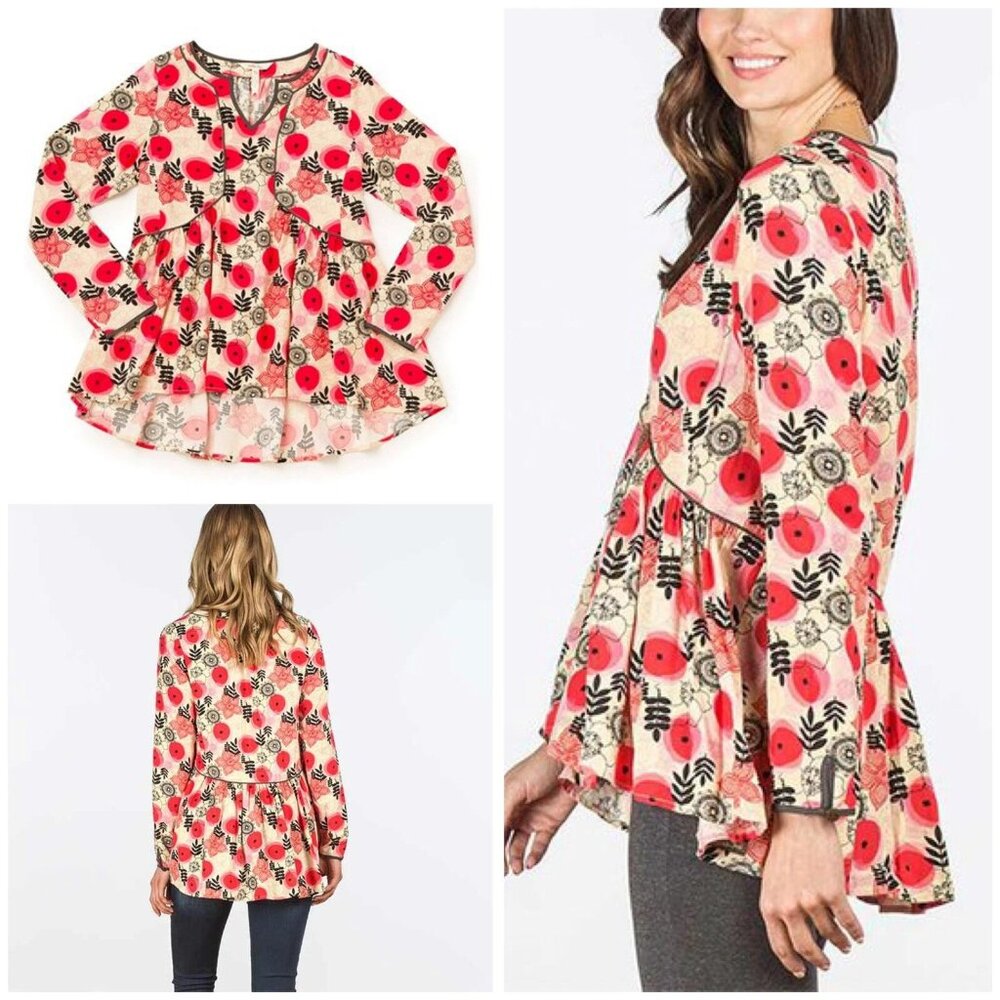 Matilda Jane V-Neck Floral Tunic Top Size L Long Sleeve Boho Print Blouse